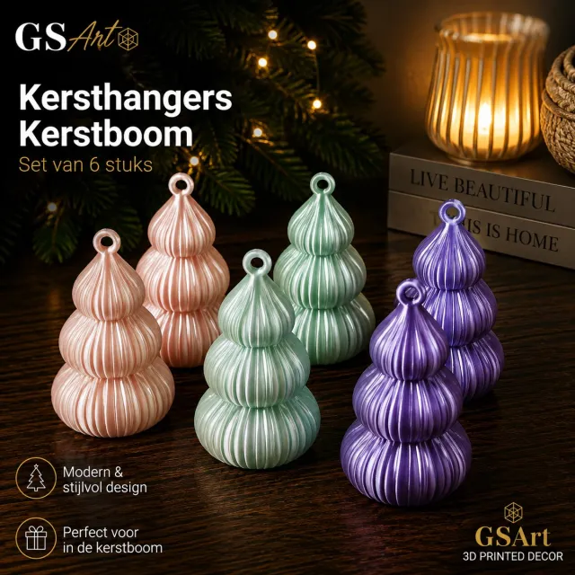 GSArt Japandi Kersthangers Kerstboom 03 – Set van 6 stuks – 9 cm