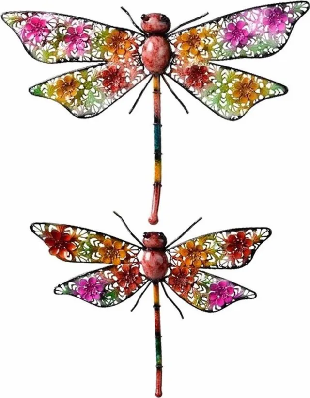 Decoris Metalen tuinlibelle - 2x - multikleur - metaal - 29 x 47 cm en 27 x 33 cm - wanddecoratie