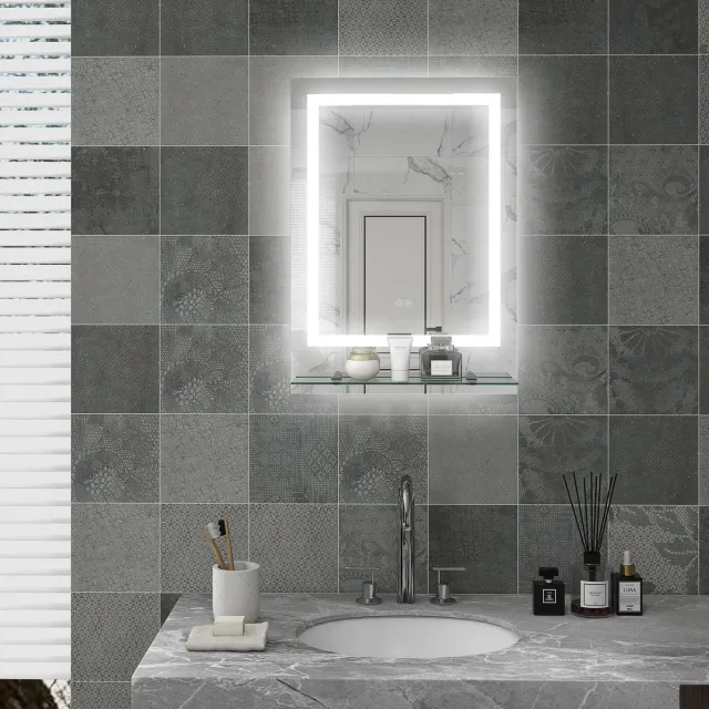 STILVORA Badspiegel Met Verlichting – 70 x 50 cm – Drie Lichtkleuren – Glazen Wandspiegel – Transparant – Touchbediening – Met Plank en Anticondens