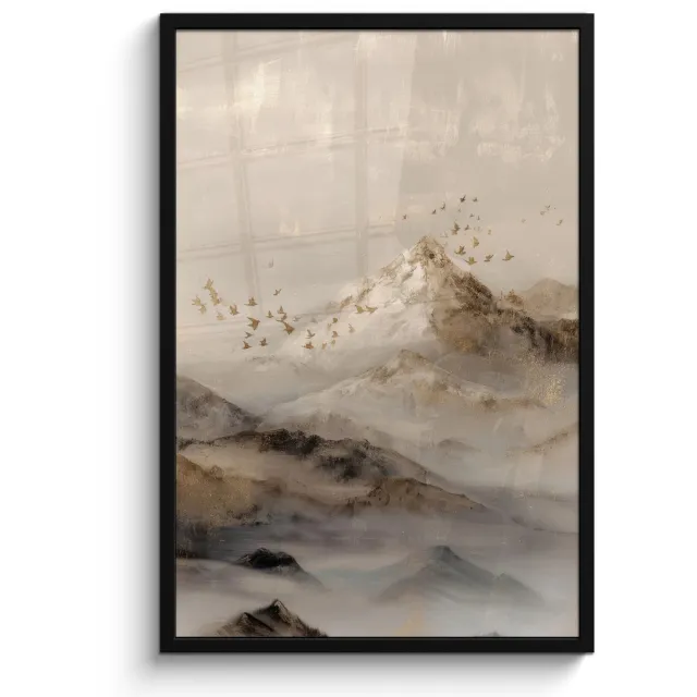 FrameYourWall Poster in lijst - Fotolijst 60x90 cm - Posters - Berglandschap - Mist - Penseelstreken - Posterlijst zwart - Decoratie - Wanddecoratie woonkamer - Muurdecoratie slaapkamer Berglandschap - Mist - Vogels