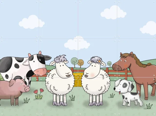 IXXI Mike & Molly op de boerderij, Mike & Molly & Van Hoorne Studios - 80 x 60 cm - Grote wanddecoratie en posters - Modern, Illustraties, Kleurrijk Bruin / Zwart / Wit