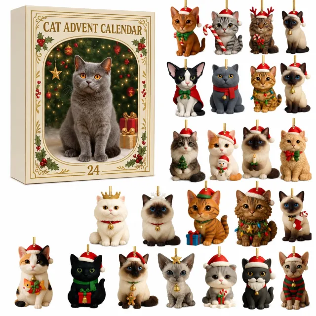 SWGOTA Katten-adventskalender met 24 vakjes - Platte kersthangers met ophangkoord - In kartonnen doos Multicolor