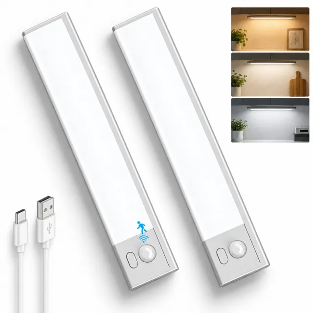 OUYLAF LED Kastverlichting onderbouw met bewegingssensor, 2 stuks, 23 cm, Keukenverlichting, bewegingssensor, magnetisch oplaadbaar, nachtlampje, 3 lichtkleuren, zilver, nachtlampje voor keuken, kast en trap