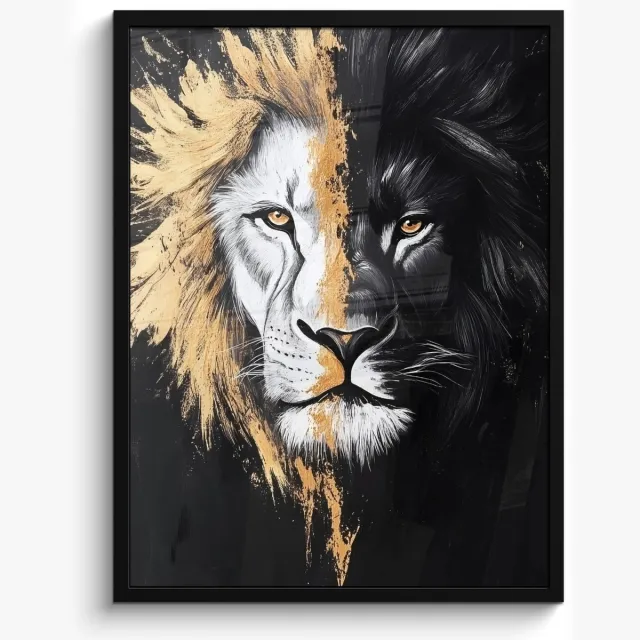 FrameYourWall Poster in lijst - Fotolijst 50x70 cm - Posters - Leeuw - Gesplitst - Zwart - Lijn - Posterlijst zwart - Decoratie - Wanddecoratie woonkamer - Muurdecoratie slaapkamer Leeuw - Portret