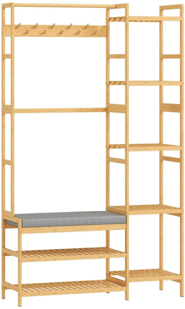 Clruro Kapstok met Bank - Kapstok met Schoenenrek en Haken - Zitbank met Kussen - Hout - Naturel Natuurlijk Hout