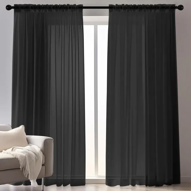 Unyqoos Set van twee elegante zwarte voile-gordijnen voor woonkamer en slaapkamer