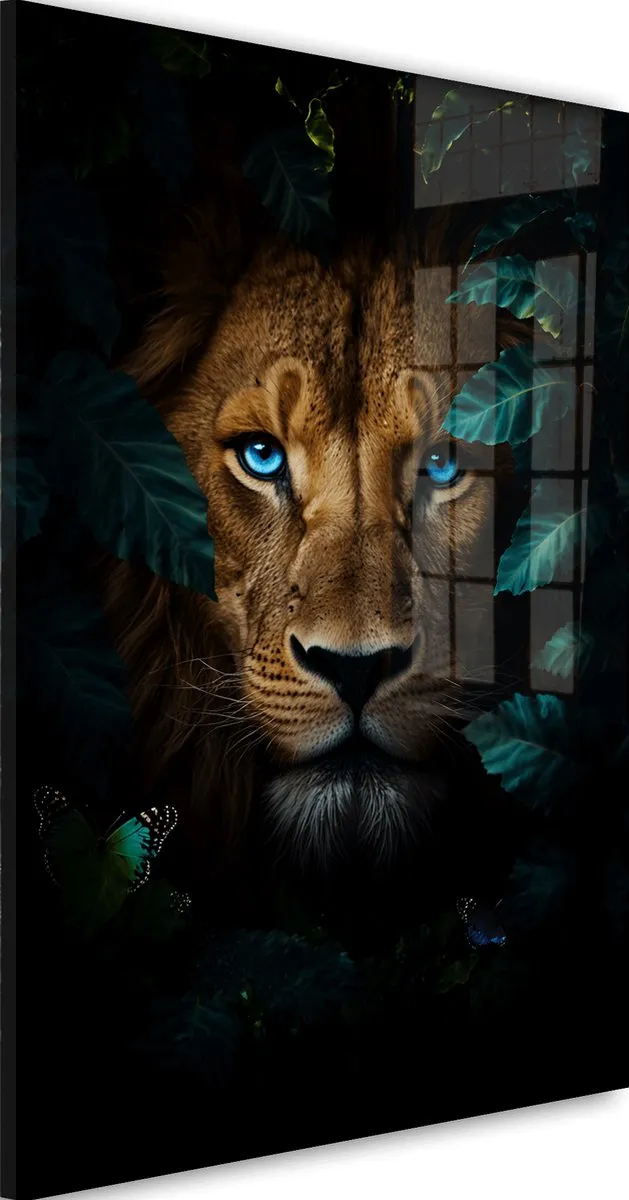 Artsy Walls Glasschilderij Een leeuwachtige openbaring - 120 x 80 cm - Acrylaat - Inclusief wandbevestiging - Foto op plexiglas - Wanddecoratie woonkamer - Leeuw - Dieren Zwart;Blauw;Oranje;Bruin;Groen