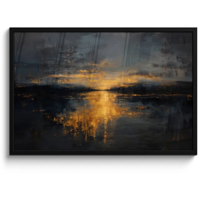 FrameYourWall Poster in lijst - Fotolijst 90x60 cm - Posters - Gouden Reflectie op Water - Posterlijst zwart - Decoratie - Wanddecoratie woonkamer - Muurdecoratie slaapkamer Water - Goud - Reflectie