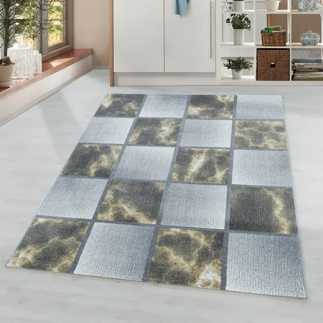 Adana Carpets Kortpolig vloerkleed, geruit patroon, geel, woonkamerkleed, jute achterkant, afmeting: 140 x 200 cm