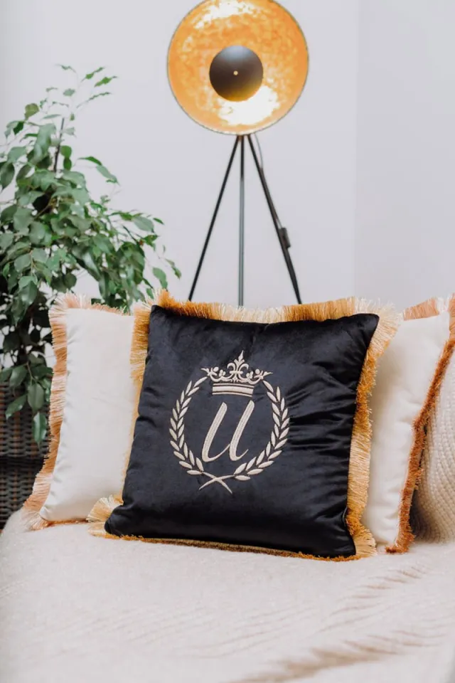 Sandra Mika Embroidered pillow / personalised pillow / monogram pillow / decorative cushion 40x 40 black velvet letter U Zwart