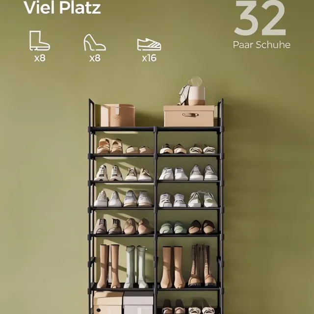 Famanu Schoenenrek verstelbaar, schoenenrek met 8 niveaus, opbergrek, stalen buizen, non-woven stof, voor maximaal 32 paar schoenen, ruimtebesparend, voor garderobe garage, inktzwart