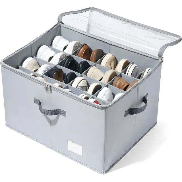 AIMASON Schoenenopbergbox - 1 stuk - 16 vakken - verstelbare schotten - transparant deksel met rits - opvouwbaar - 53 x 43 x 33 cm - grijs - voor kledingkast en hal - Geschikt voor 16 Paar - Ruimtebesparend - Ontwerp met zichtbaar compartiment - Opbergbak