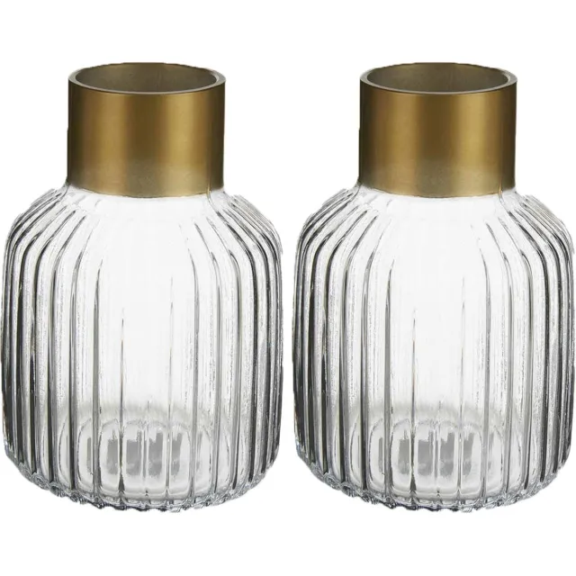 Giftdecor Bloemenvazen 2x stuks - Decoratie glas - transparant/goud - 14x22 cm