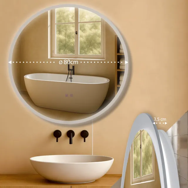 CLP Laconia Badkamerspiegel - met verlichting - met verwarming - rond - anti-condens wandspiegel - LED dimbaar - 3 Lichtmodi - helder/glas