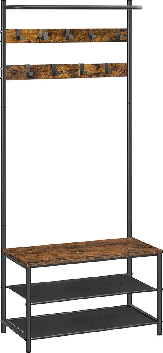 MAZAZU Kapstok staand met schoenenrek en bank - 9 haken - Bruin/Zwart - 32,2x64x180 cm