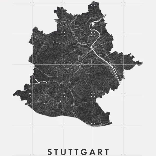 IXXI Stuttgart City Map, Kunst in Kaart - 100 x 140 cm - Grote wanddecoratie en posters - Minimalisme, Geometrische Kunst, Line art, Abstract Zwart en wit / Monochroom / Zwart