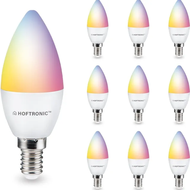 HOFTRONIC SMART Set van 10 Smart lampen - E14 Kaarslamp - 5,5 Watt 470 lumen - RGBWW - Wifi & Bluetooth - Bestuurbaar via app - Google Home, Amazon Alexa en Siri