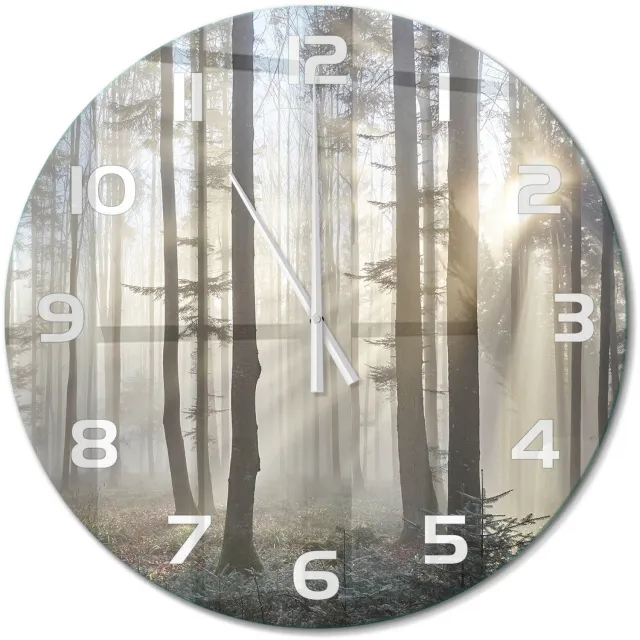 TULUP Wandklok - Mist in het bos Decoratieve Glazen Klok - fi60 cm - Bruin Glazen Wandklok Design - Witte handen - Ronde Klok - Glazen Klok Met Print - Wandklok Glas Met Motief