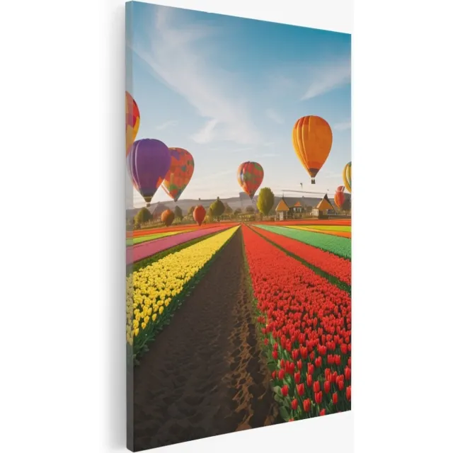 Saammp Canvas Schilderij - Landschap - Luchtballonnen boven een tulpenveld - Natuur - 40x50 - Foto op canvas - Wanddecoratie - Muurdecoratie Woonkamer - Slaapkamer decoratie - Canvas Print Multicolor