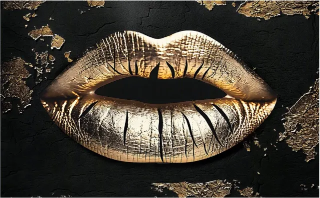 Zwart met goud Betaalbare Goederen® Glasschilderij - 120x80 cm - Gouden Lippen - Canvas Schilderijen Woonkamer - Schilderijen - Schilderijen Woonkamer Zwart met goud