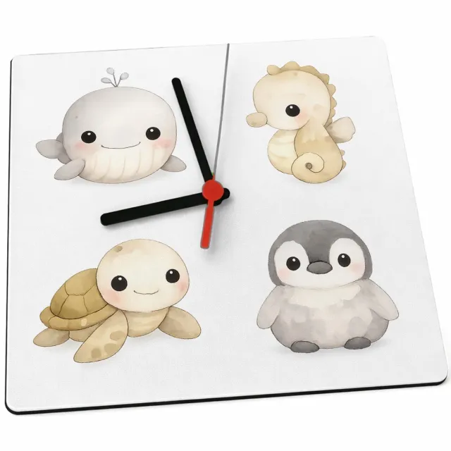 Mr Cadeautjes Klok 19 x 19 - design Pastel zeedierenportretten met minimalistische witte ruimte | cadeau