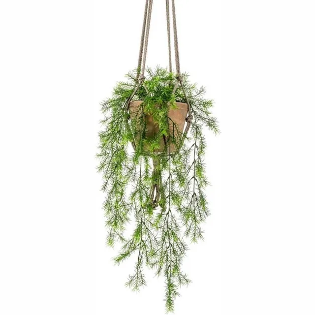Bellatio Flowers & Plants Kunsthangplant - Krulvaren - 75 cm - Oude Terracotta Pot - Hangpot Groen