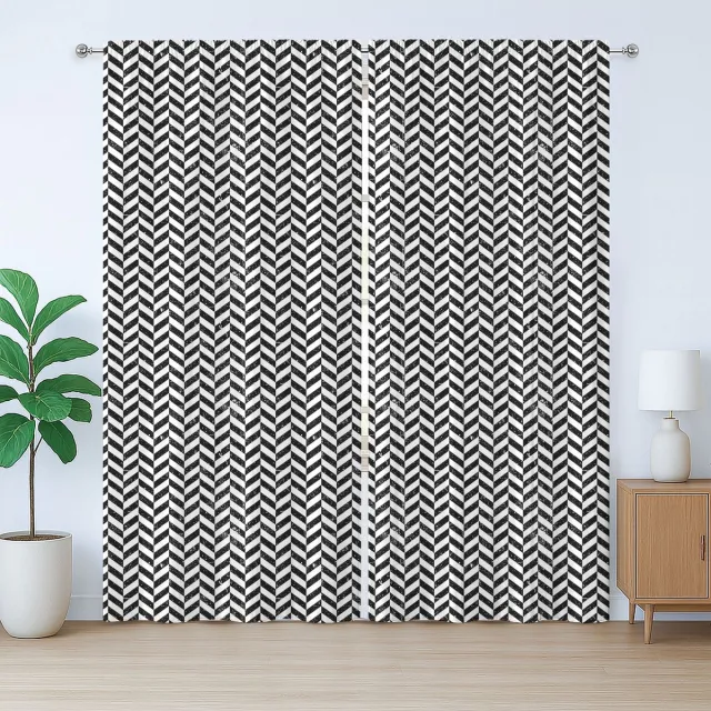 ABAKUHAUS Rustiek hoekgordijn, vintage chevron zigzagpatroon, met lussen en haken voor de woonkamer, 280 x 175 cm, zwart-wit