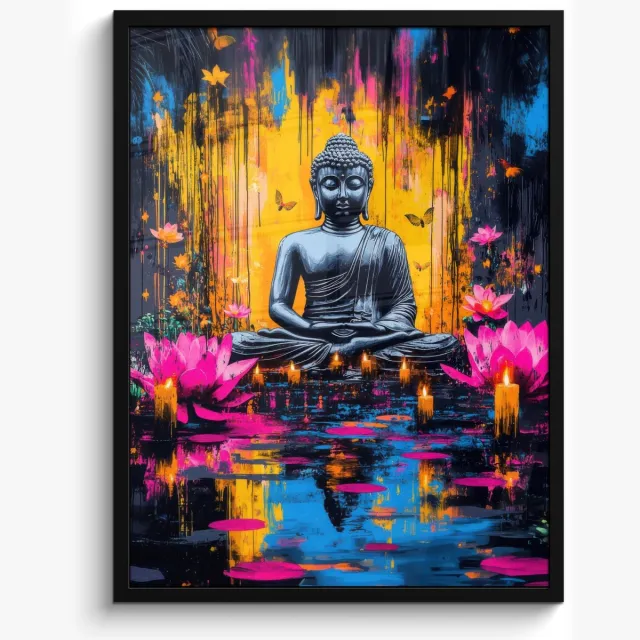 FrameYourWall Poster in lijst - Fotolijst 50x70 cm - Posters - Buddha - Bloemen - Kaarsen - Geel - Posterlijst zwart - Decoratie - Wanddecoratie woonkamer - Muurdecoratie slaapkamer