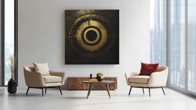 Trendex Global Canvas Schilderij - Abstract - Goud - Zwart - Wanddecoratie - 100x100x2 cm