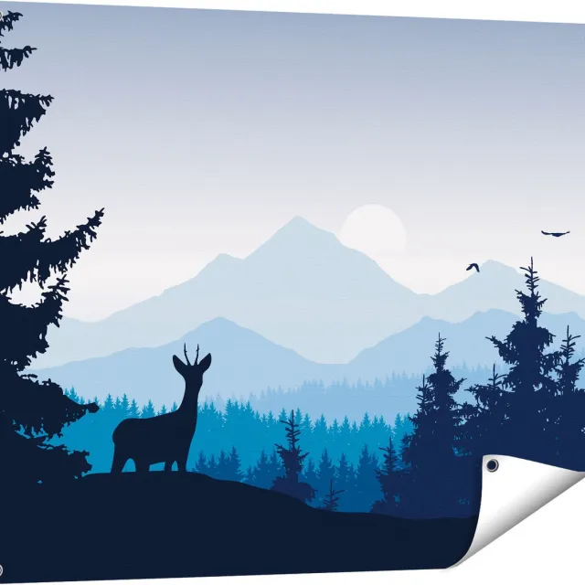 Gards Tuinposter Hert in het Bos - Silhouet - 100x80 cm - Tuindoek - Tuindecoratie - Wanddecoratie buiten - Tuinschilderij Multikleur