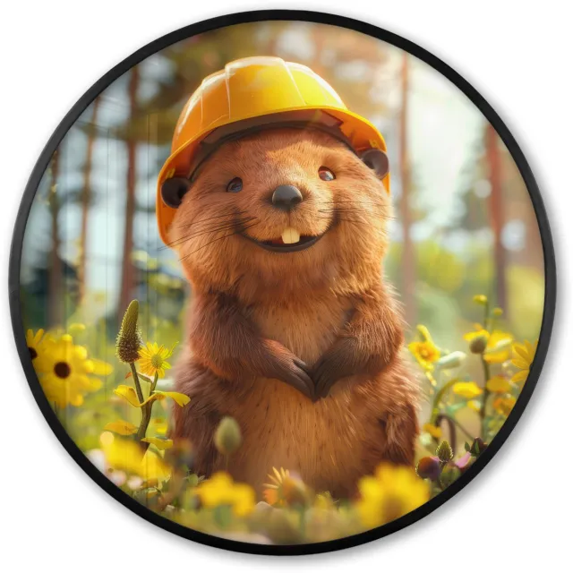 FrameYourWall Poster in lijst Rond - Fotolijst 60x60 cm - Posters - Bever - Dier - Bouwhelm - Natuur - Ronde posterlijst zwart - Decoratie - Wanddecoratie woonkamer - Muurdecoratie slaapkamer Bever - Natuur