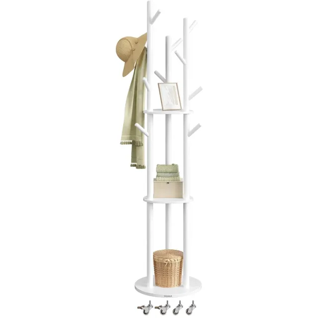 Conway Living Kapstok met 11 Haken en 3 Planken – Met Wielen – Massief Houten Haken - 360° Draaibaar - 40x40x175 cm - Wit