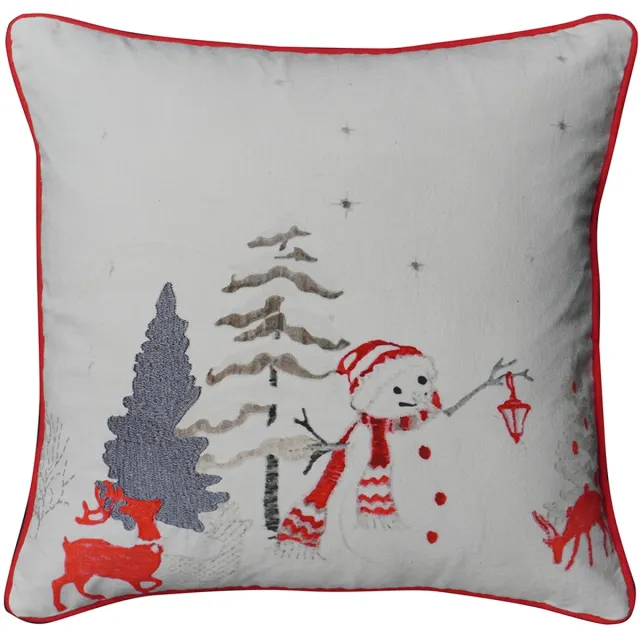 Urbane Hide Kerstkussen - Geborduurd & Bedrukt met Sneeuwpop en Rendier Kerst Kussenhoes - Kussenhoesjes Vierkant voor Kerst - Kerstkussens met Zilver- en Roodtinten - 45x45 cm - Katoen - Wit/Rood - Zonder Binnenkussen Type K