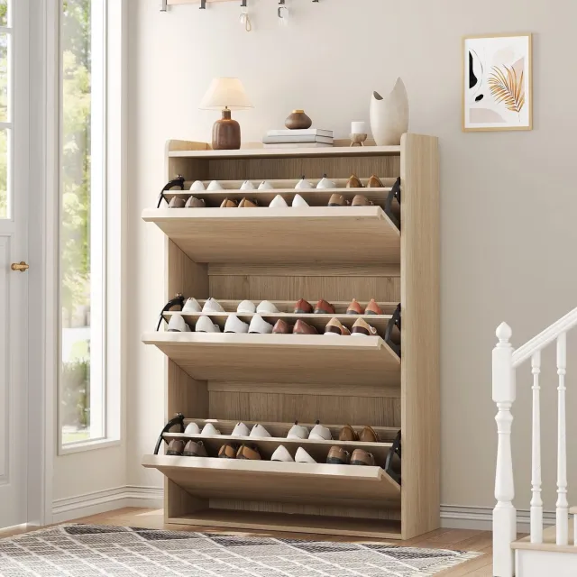 Triumpunpre Hoge Schoenenkast 3 Kleppen Voor 18-24 Paar Schoenen - 80x26x117cm - Schoenenrek Smal - Schoenenmeubel Hout - Verstelbare Planken - Minimalistisch - Ruimtebesparend - Voor Hal Woonkamer - Houtkleur