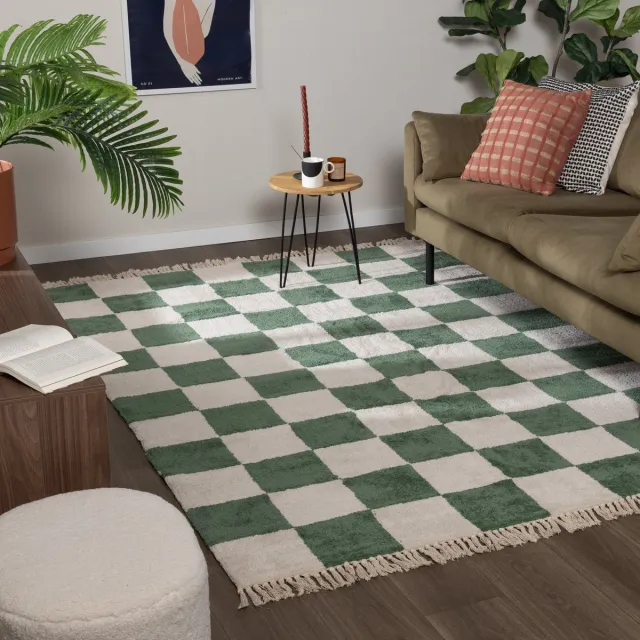 Fraai Checkerboard vloerkleed - Blox Fringe Groen - 200x290cm