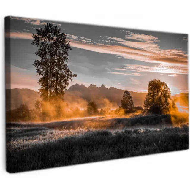 online schilderij Canvas Schilderij - Golden Sunrise Landscape - 90x50 cm - Zonsondergang in de Natuur - Landschap - Muurdecoratie voor Woonkamer & Slaapkamer - Premium Kwaliteit Canvas op Houten Frame - Wanddecoratie - Huis decoratie zwart
