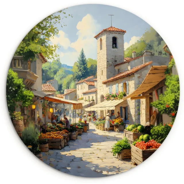 WallCircle Wandcirkel 60x60 cm - Muurcirkel Dorp - Zon - Kraampjes - Huizen - Muurdecoratie woonkamer - Wanddecoratie slaapkamer - Kamer decoratie accessoires - Ronde schilderijen Dorp - Kraampjes