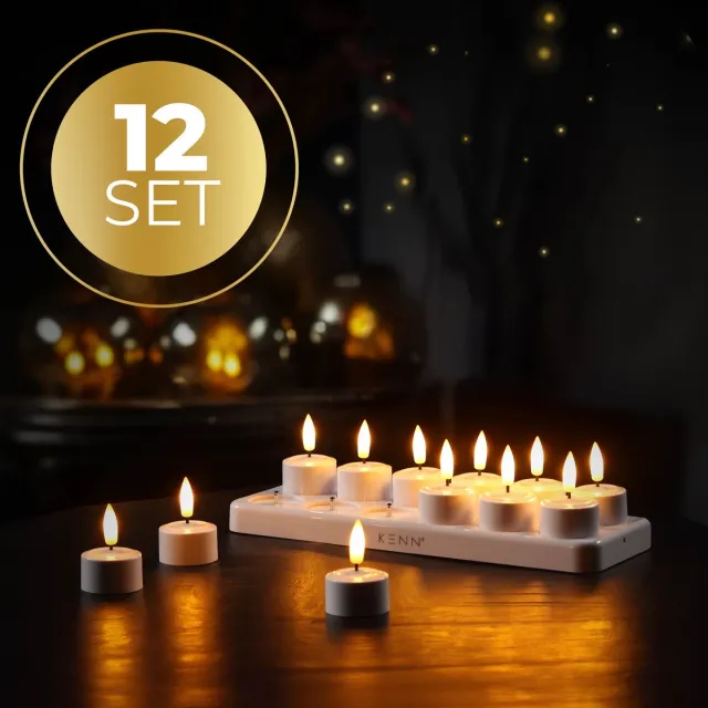 KENN Originele Oplaadbare Waxinelichtjes – Set van 12 – Met Afstandsbediening & Timer – Inclusief Oplaadstation – Tot 120 Branduren – LED Waxinelichtjes – Oplaadbare Theelichtjes – Realistische Flikkerende Vlam – LED Kaarsen - Nep Kaarsen Warm wit