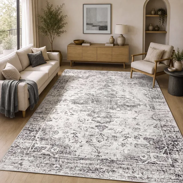 the carpet Zen Vloerkleed – Vintage Oosters Design – Wasbaar & Antislip – Grijs – 200 x 280 cm grijs oosters