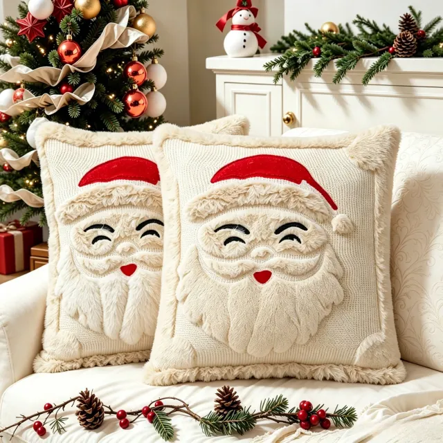 YAGXIG Kerstkussensloop - Kerstkussensloop - 45,72 x 45,72 cm - Set van 2 - Leuke Kerstman - Zacht pluche - Kussenhoes in landelijke stijl - Kerstdecoratie voor op de bank wit