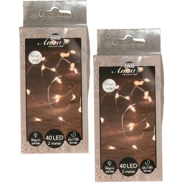 Anna's Collection Draadverlichting lichtsnoer - 2x - 40 led lampjes - warm wit - zilver draad - 200 cm - lichtdraad - kerstverlichting
