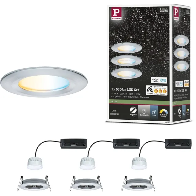 Paulmann LED-inbouwlamp Nova Coin IP44 rond 78 mm Tunable White 3x6W 3x530lm 230V Alu gedraaid Aluminium