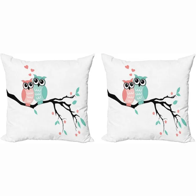 ABAKUHAUS Decoratieve kussenhoezen in turquoise en wit, set van 2, uilenpaar, moderne accenten, dubbelzijdige digitale print, 40x40 cm, zwart