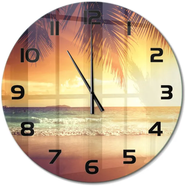 TULUP Wandklok - Tropisch strand Decoratieve Glazen Klok - fi60 cm - Oranje Glazen Wandklok Design - Zwarte handen - Ronde Klok - Glazen Klok Met Print - Wandklok Glas Met Motief