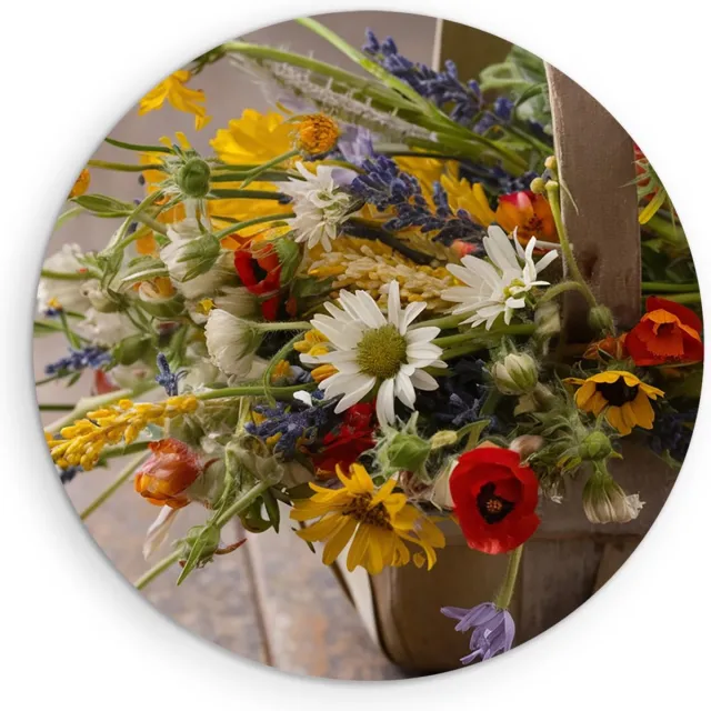Saammp Muurcirkel Hout - Bloemenmand met Wilde Bloemen - Natuur - Abstract - Ø 60 - Wandcirkel - Wanddecoratie Cirkel - Muurdecoratie Woonkamer - Kantoor Decoratie