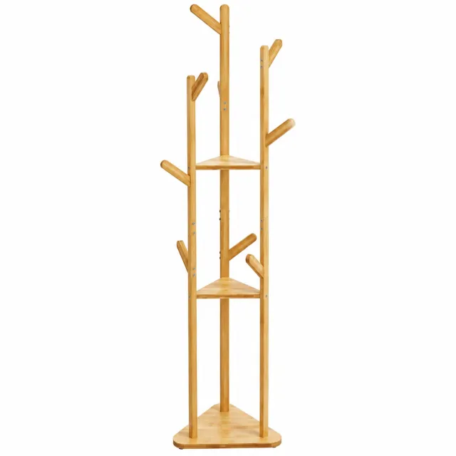 DPLUNIQ Kapstok - Kledinghangers - Decoratie - Multifunctioneel - 9 Haken en 2 Planken - 167x40x40cm - Max. 40kg - Bamboe - Bruin