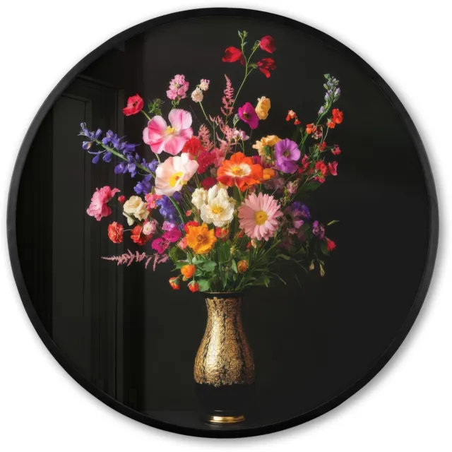 FrameYourWall Poster in lijst Rond - Fotolijst 60x60 cm - Posters - Kleurrijk - Boeket - Vaas - Goud - Ronde posterlijst zwart - Decoratie - Wanddecoratie woonkamer - Muurdecoratie slaapkamer Boeket - Bloemen 3