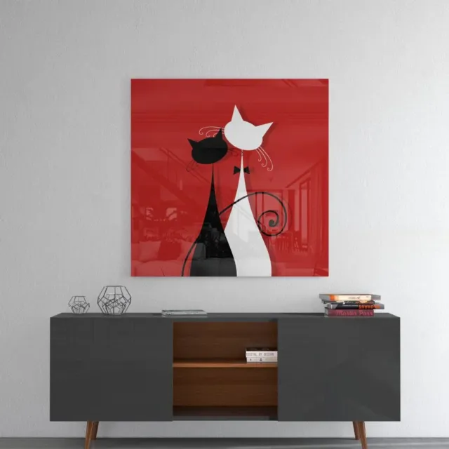 Insigne Art Glasschilderij Vierkant - Katten – Abstract – Rode Achtergrond - 40x40xcm Rood
