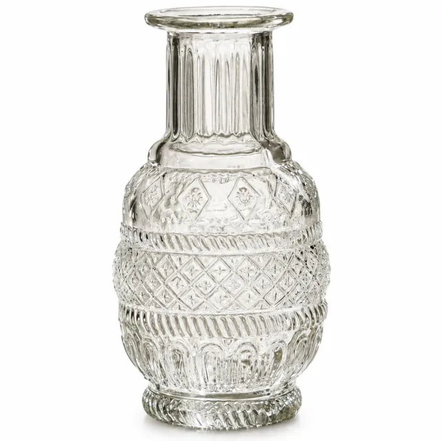 SWGOTA Transparante glazen vaas met reliëf, 12,8 cm hoog en 7,2 cm diameter, geribbelde hals en uitlopende rand, voor kunstbloemen, in kartonnen doos