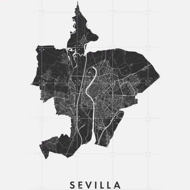 IXXI Sevilla City Map, Kunst in Kaart - 100 x 140 cm - Grote wanddecoratie en posters - Abstract, Minimalisme, Grafisch Ontwerp, Woonkamer Zwart en wit / Monochroom